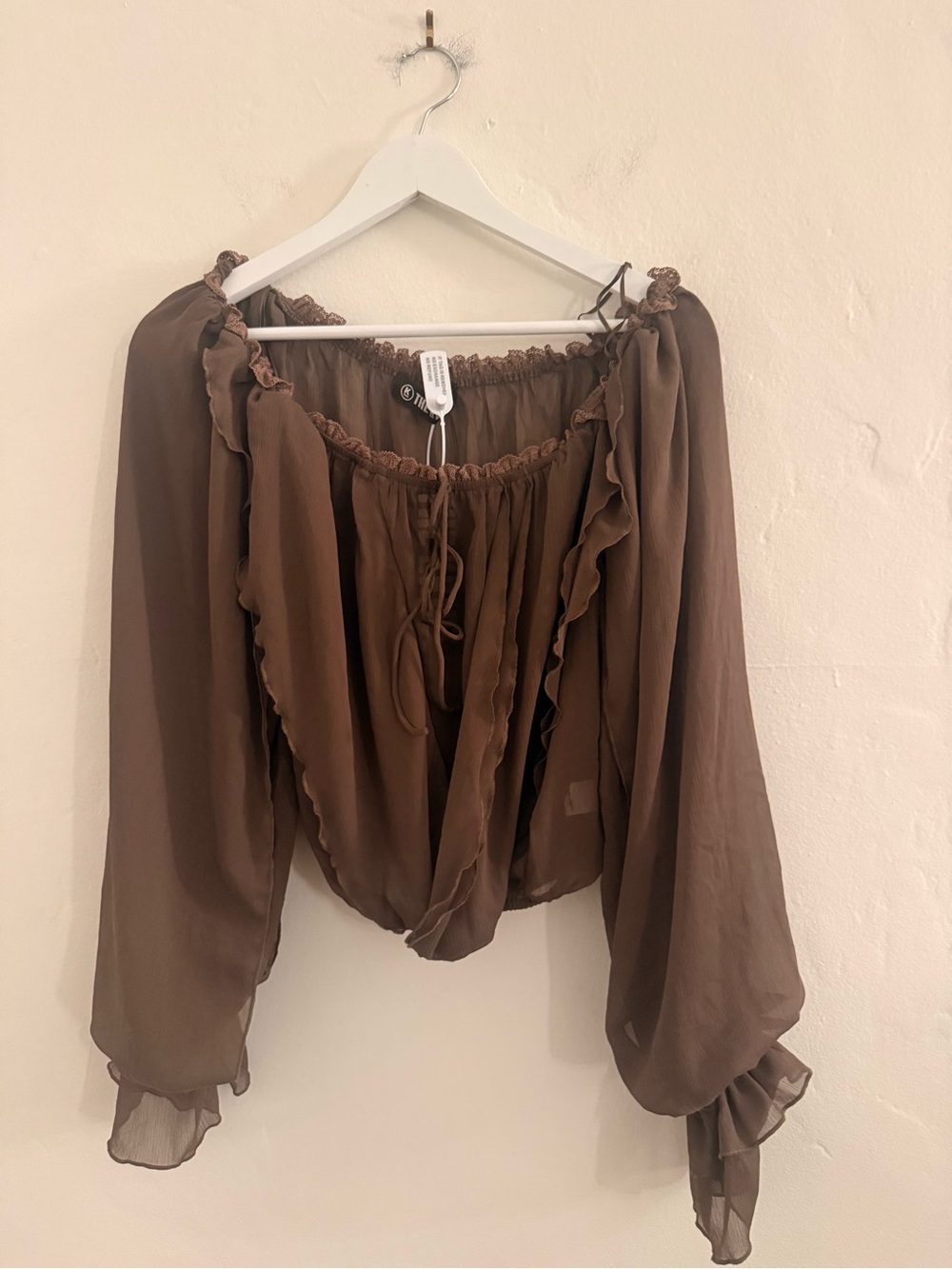 The Kript Sheer Ruffle Off-Shoulder Blouse in Brown NWT
